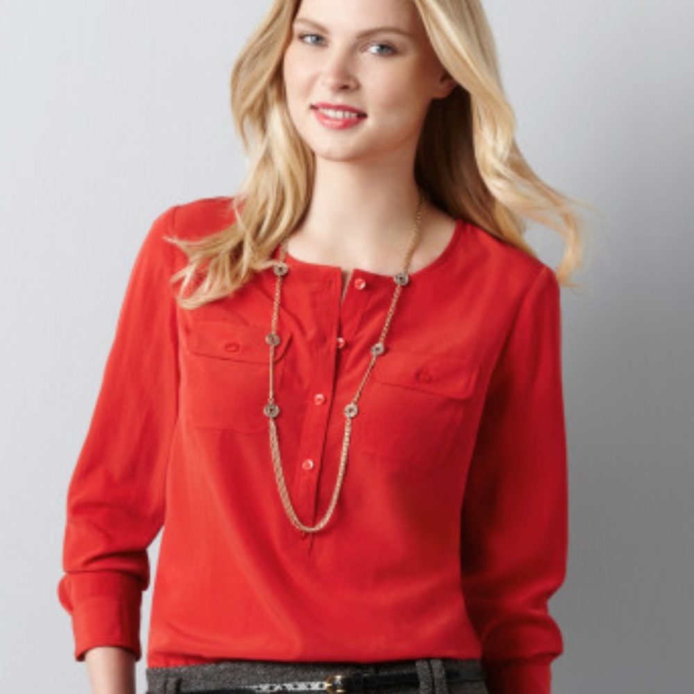 LOFT Red Henley Pocket Long Sleeve Blouse (M)